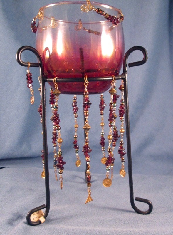 Red Garnet Gemstones, Black and Gold Beaded Metal & Glass Candle Holder - DebsTreasures