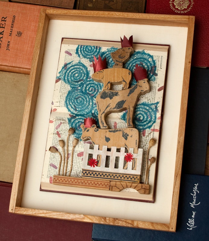 Mixed Media Altered Book With Wood Animals