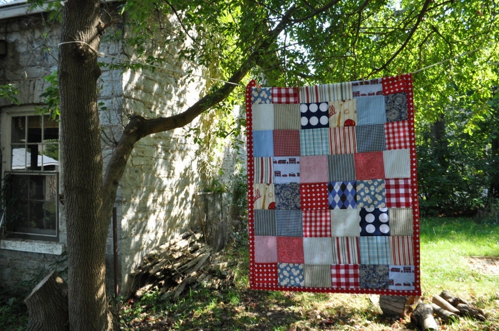 baby boy crib quilt --  blue navy red -- cotton.