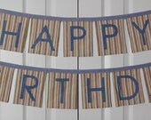 Happy Birthday Banner -  Rectangle Fabric Flags Chambray on Stripes