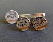 Bicycle  Cufflinks and Tie Bar Set Mid Century  Vintage Ad Stamps Bike Tie Clip Tie Tack Cuff Links