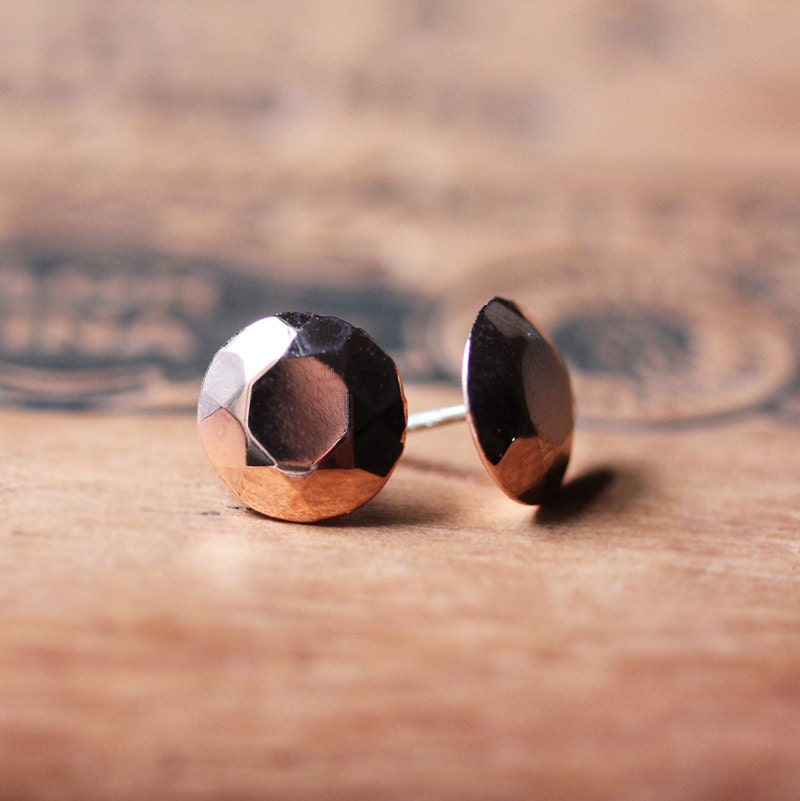 Pink diamond stud earrings - recycled sterling silver - faceted metal gemstones - pink plated - ready to ship