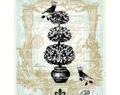 Bird and Topiary Silhouette Art.  Vintage Style Background, Aqua Blue Turquoise, Art Print. 8 x 10 inch. The Decorated House Etsy