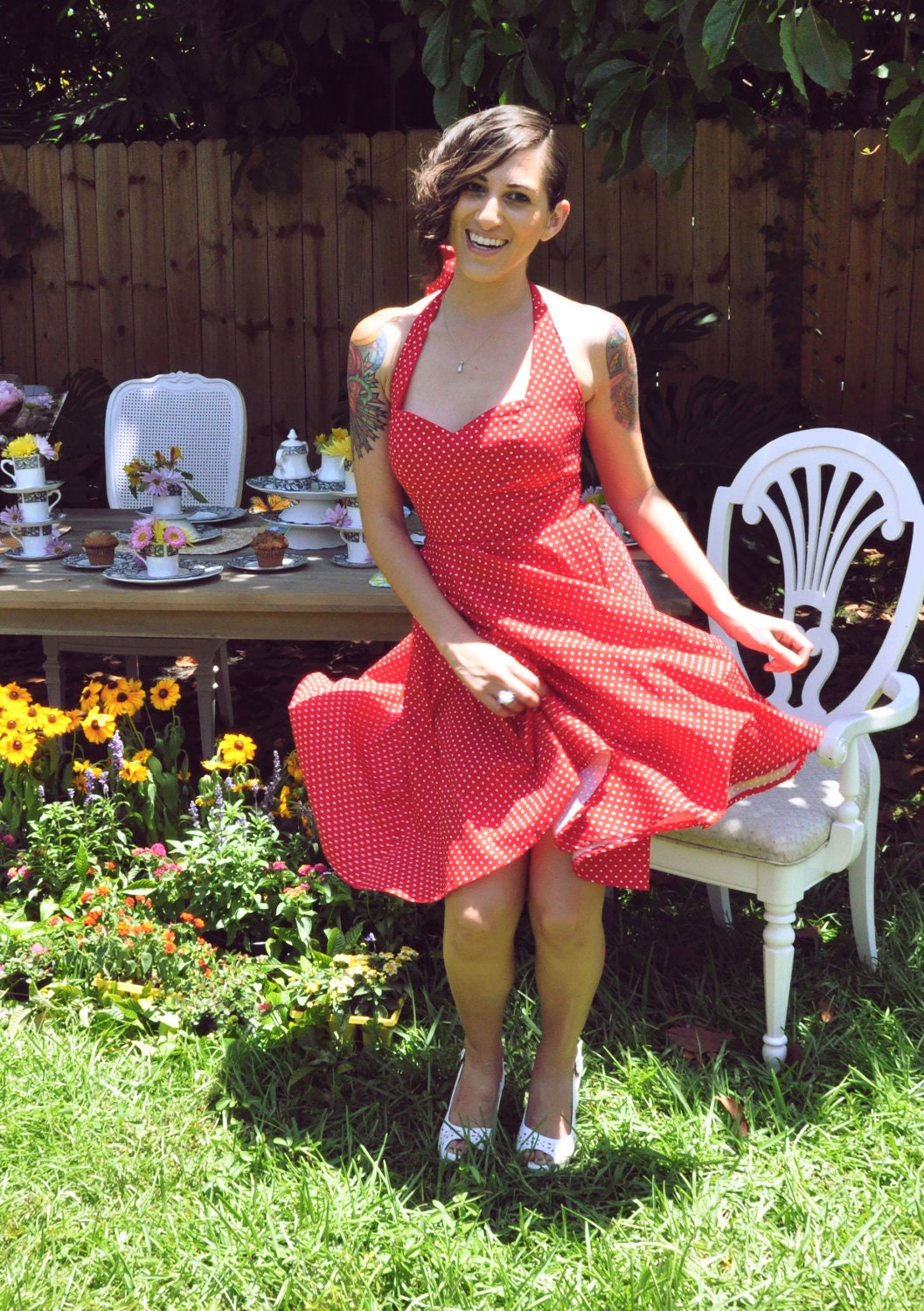Halter Red Swiss Polka Print Alex Rose Dress
