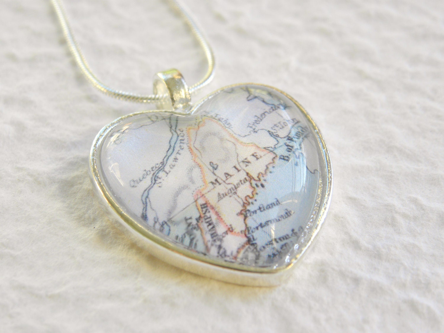 World Traveler Heart Shaped Map Necklace - Maine featuring Portsmouth, Augusta, and Portland