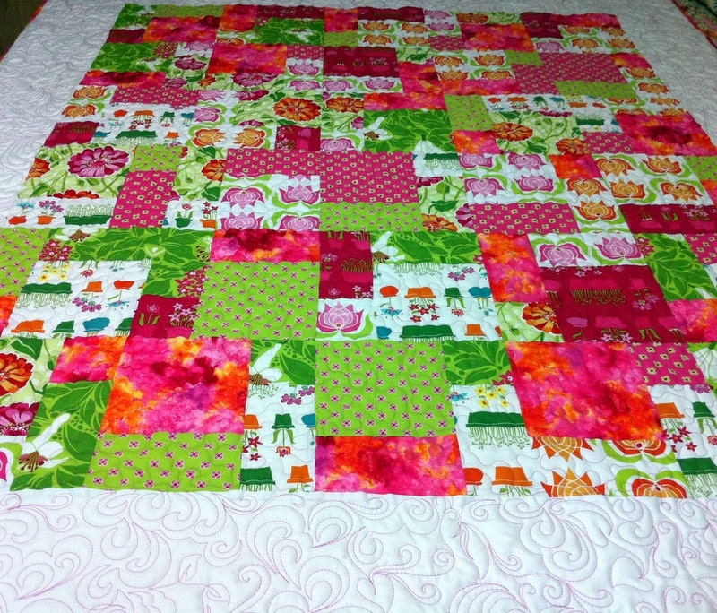 Patchwork Lap Quilt in pink, lime and white SUMMER SUNSHINE 56" x 66"