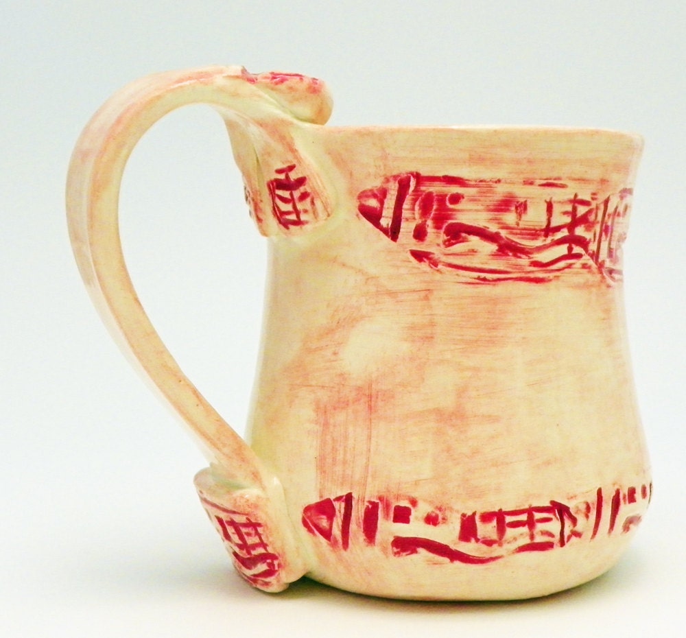 Handmade Ceramic Mug Stamped Red Made to Order