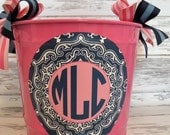 custom monogrammed preppy bucket in pink and navy blue - personalized