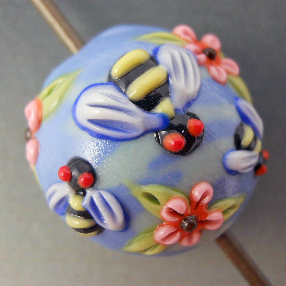 Bee Bead - Handmade Colored Porcelain  Bee with Flowers