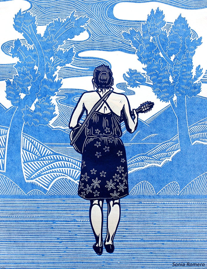 She Plays the Jarana Jarocho Linocut Print