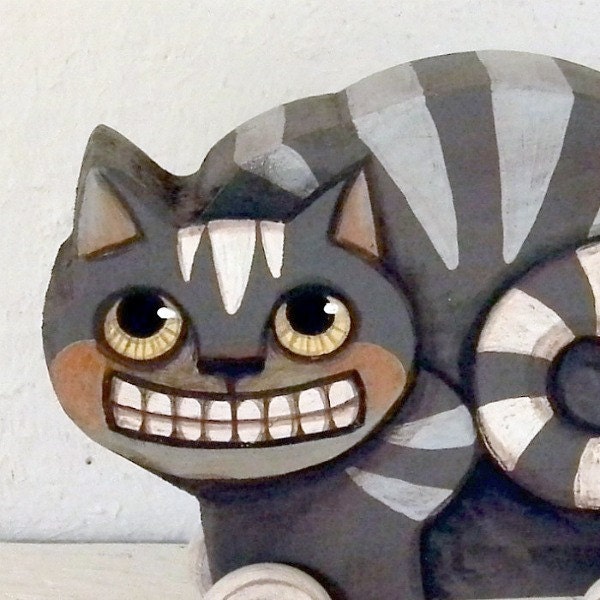 The Cheshire Cat-- Contemporary Folk Art Doll -- Wooden Rolling Hand Painted Original- Made to order within a week