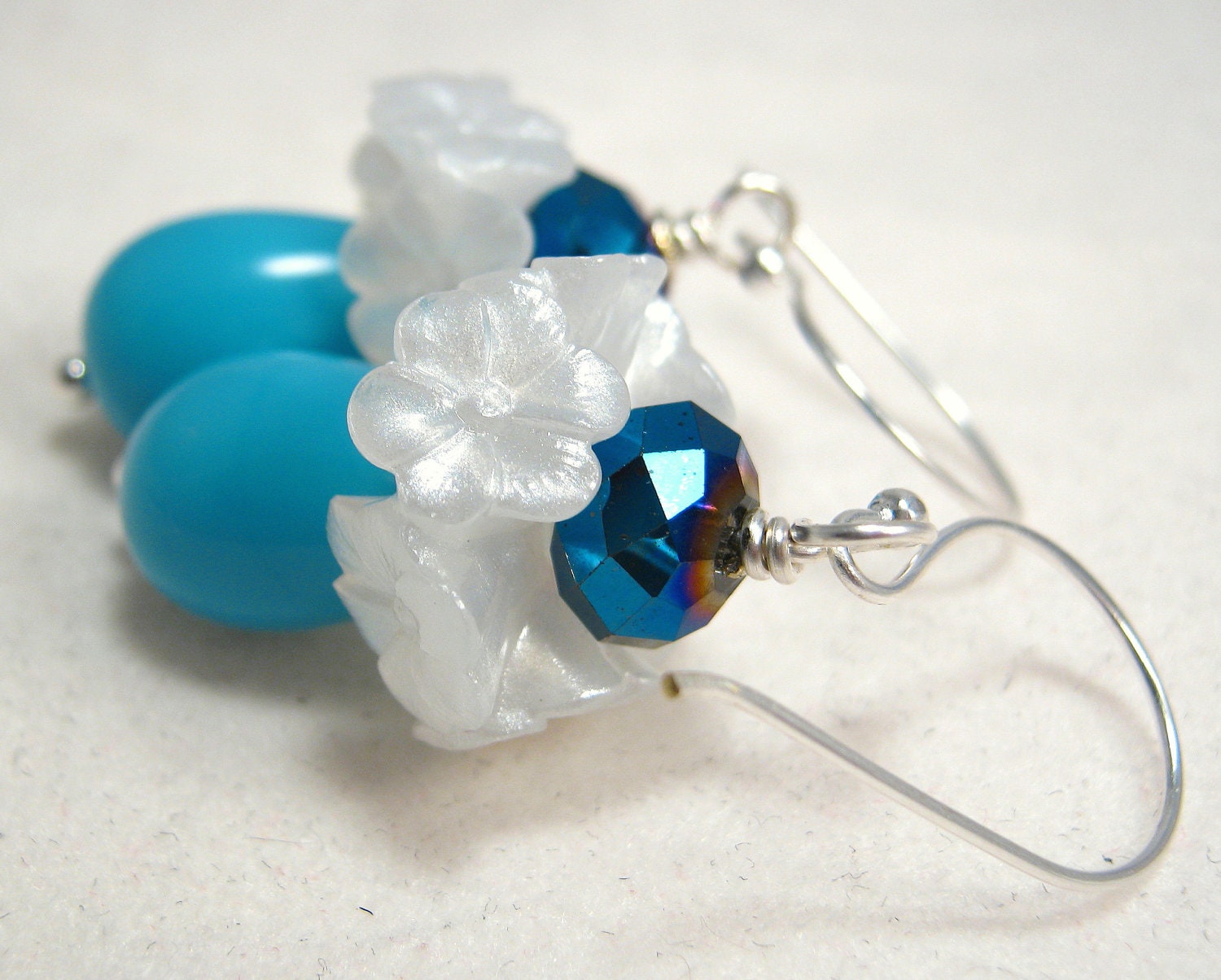 Lucite Flower Swarovski Crystal Dangle Earrings Sterling Silver Handcrafted Jewelry by BrendasJewellryBox