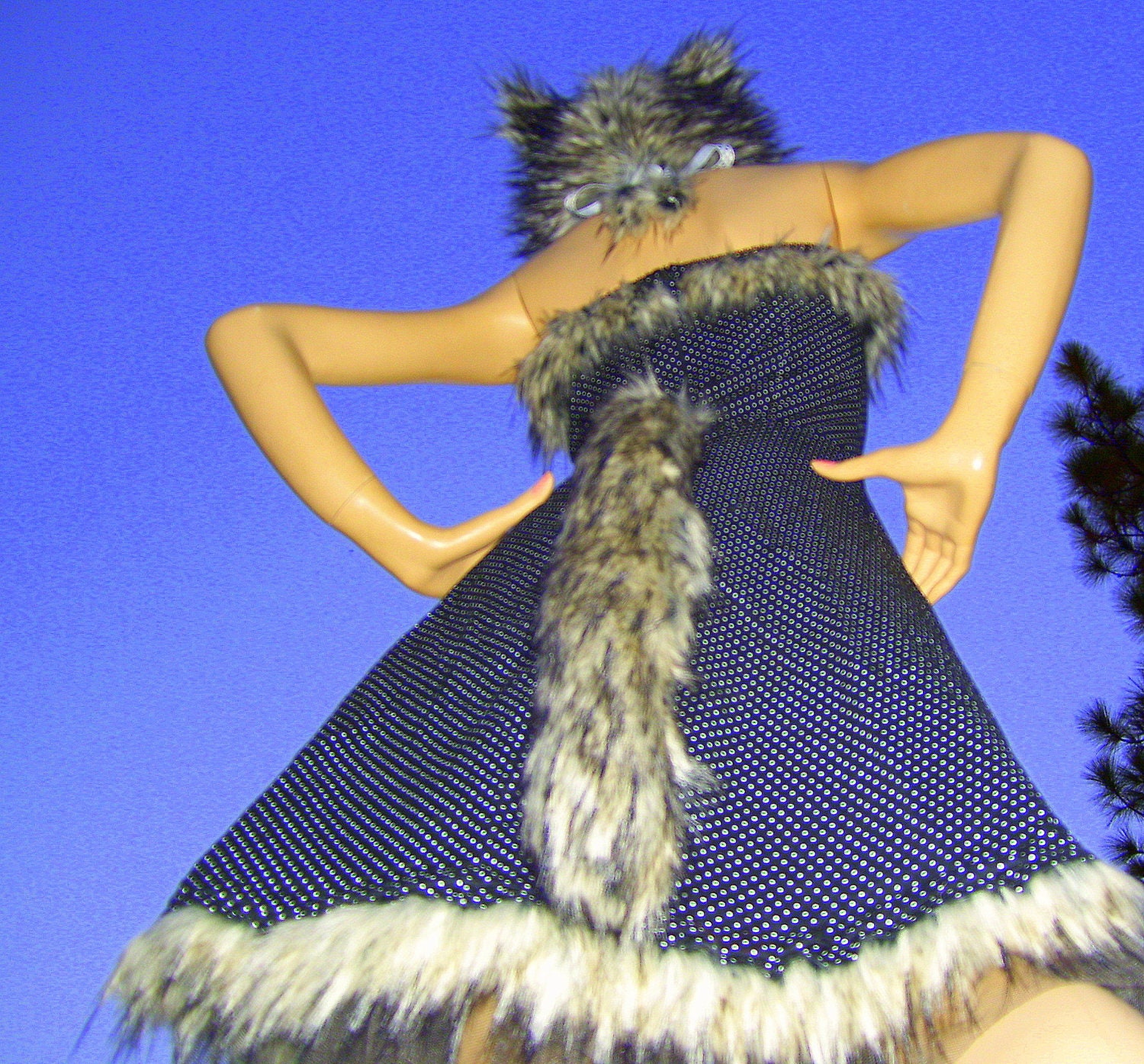 Furry Twilight Wolf Dress Polka Dot Sexy Costume Club Geek Kawaii Dress and Fur Black Gray Wolf Hat