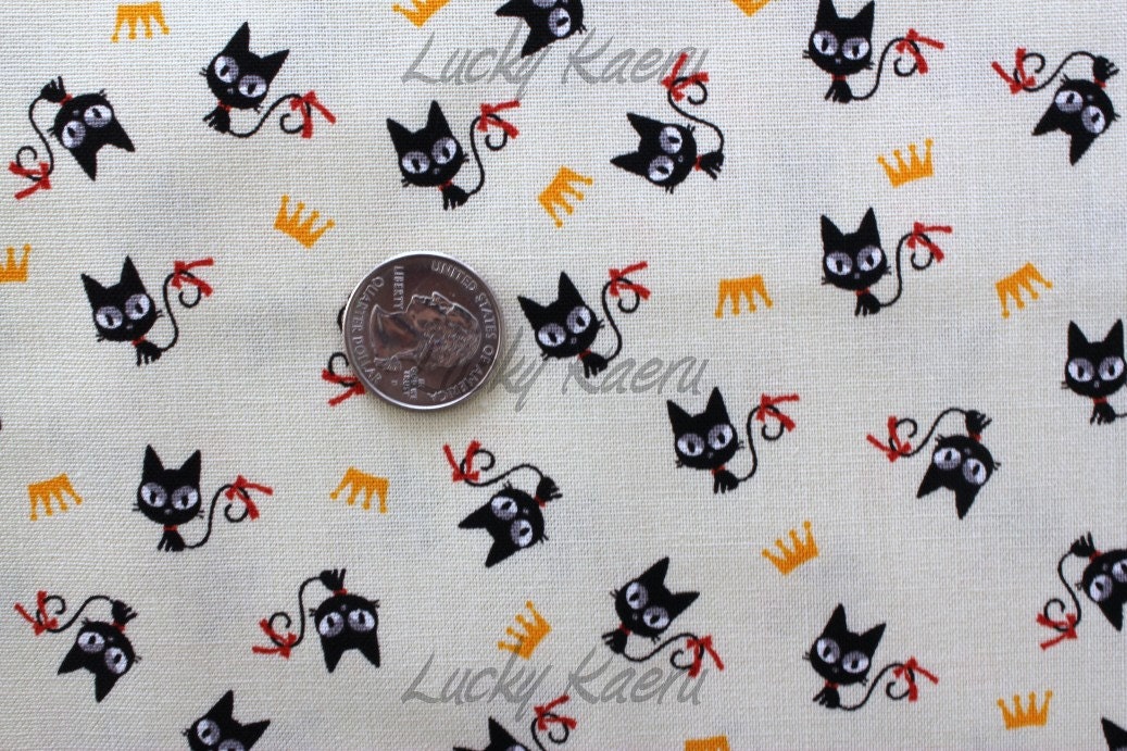 Kawaii Tiny Black Cats and Crowns on Natural Japanese Fabric - Half Yard