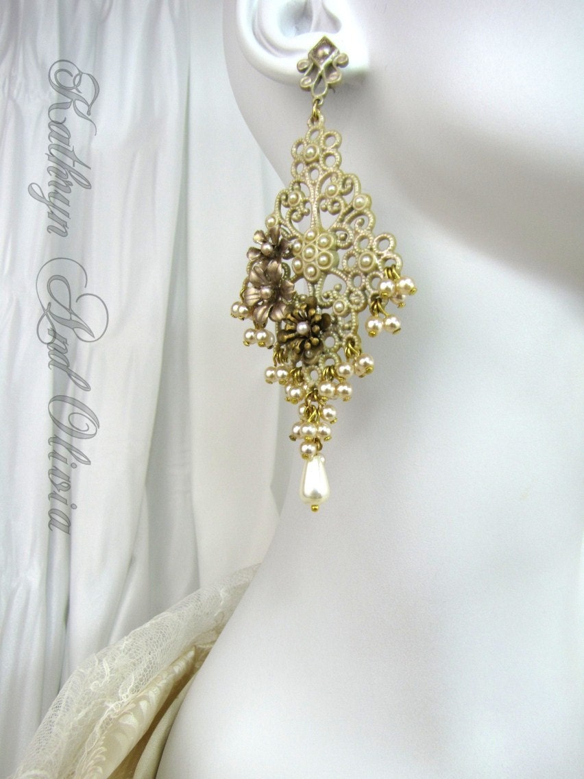Bridal Chandelier Post Earrings Champagne Filigree  with Pearls and Roses 812-3320
