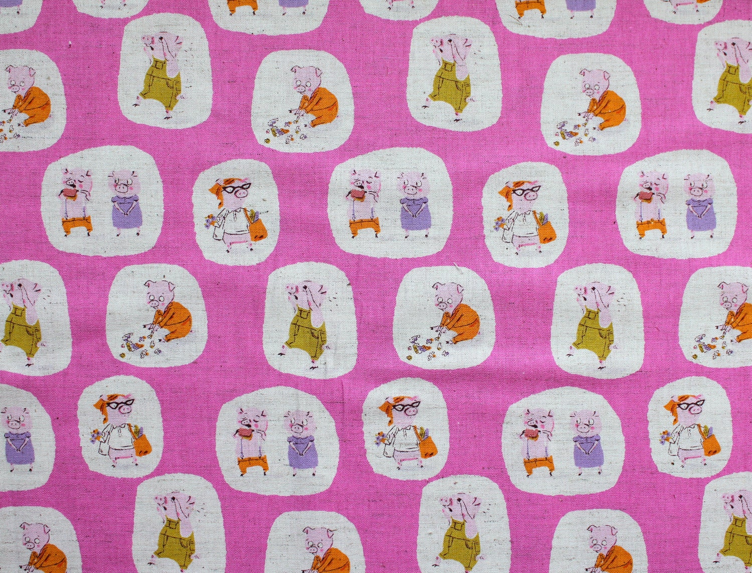 Japanese Fabric Heather Ross for Kokka Nursery Versery - Piggies - hot pink