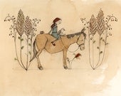 girl on horse with coffee and goose