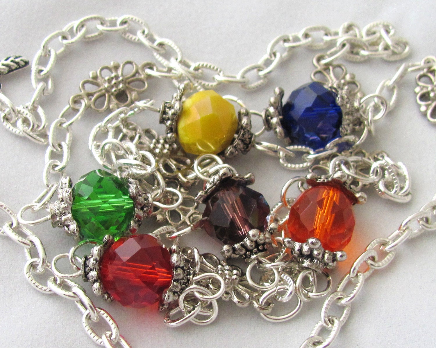 Primary Color Faceted Glass and Silver Necklace Rainbow Sparkles Flowers 30 Inches