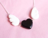 Flying Heart Necklace - black heart and wings - handmade polymer clay jewelry