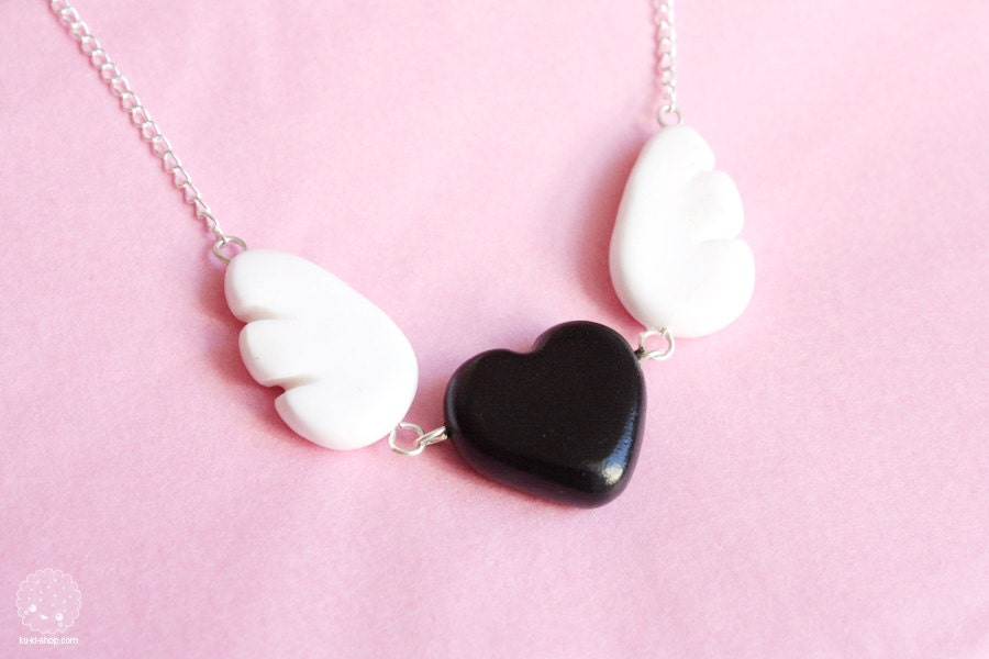 Flying Heart Necklace - black heart and wings - handmade polymer clay jewelry
