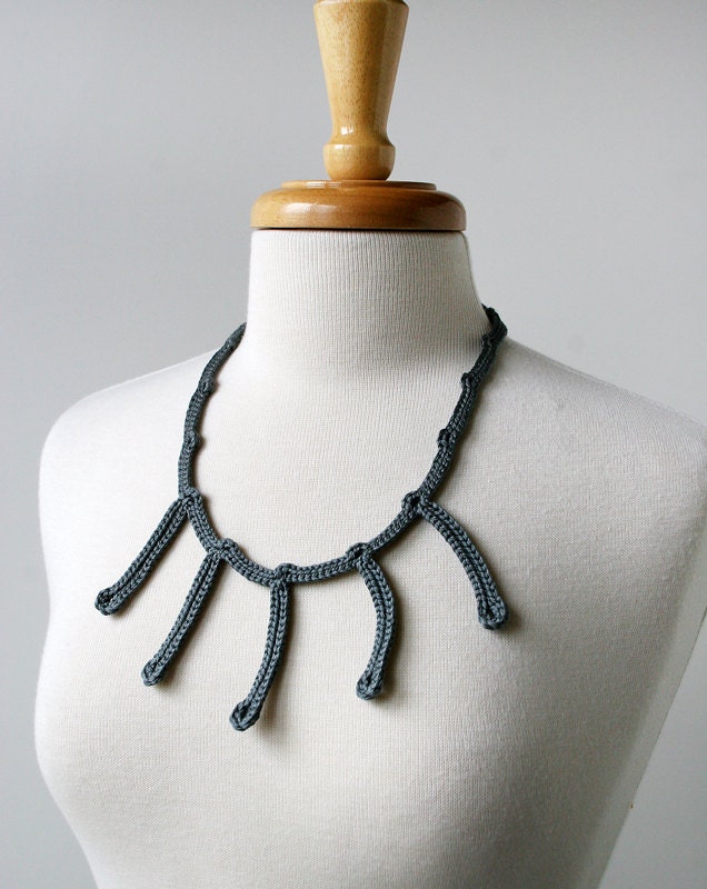 Wearable Fiber Art Jewelry - Silk Crocheted Lace Necklace / Lariat - Steel Grey