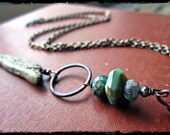 Fossil bone necklace, Blue opal nugget Forged copper circle - Ancient Relic Cairn