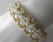 Crystal and white pearl cuff bracelet beadweaving gold bracelet bridal bracelet beadwork beaded jewelry