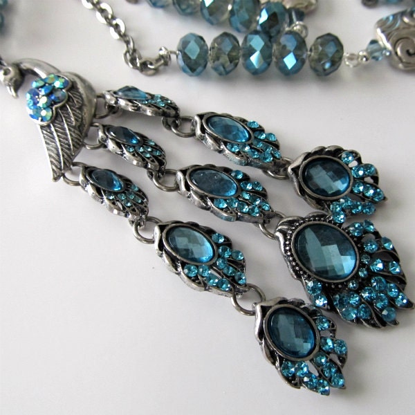 Aqua rhinestone peacock pendant long necklace, silver necklace, beaded necklace, chain and crystal necklace, beaded jewelry