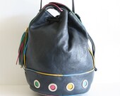 Vintage Large  Leather Drawstring Bucket Handbag