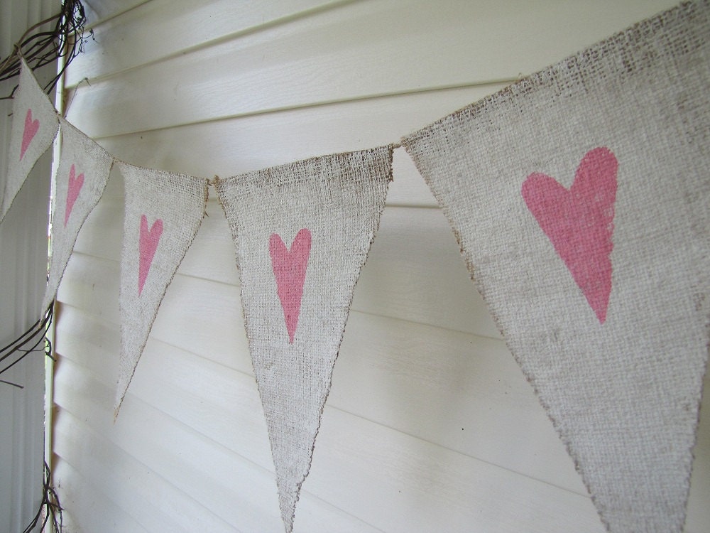 Pink Hearts on White Painted Burlap Banner