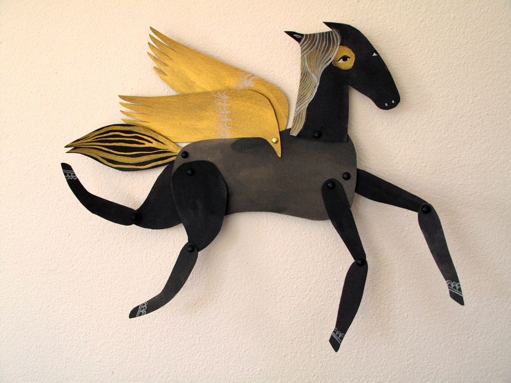 Licorice / Winged Black and Gold Horse Articulated Decoration  / Hinged Beasts Series
