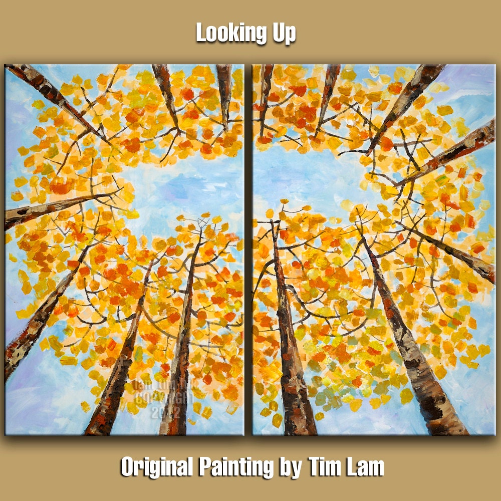Original painting Looking Up Forest art, huge mural abstract acrylic painting Autumn landscape painting 2 panel 48x36x1.4 by Tim Lam