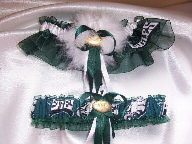 Handmade Wedding Garter Set with Philadelphia Eagles fabric with Marabou Pouf