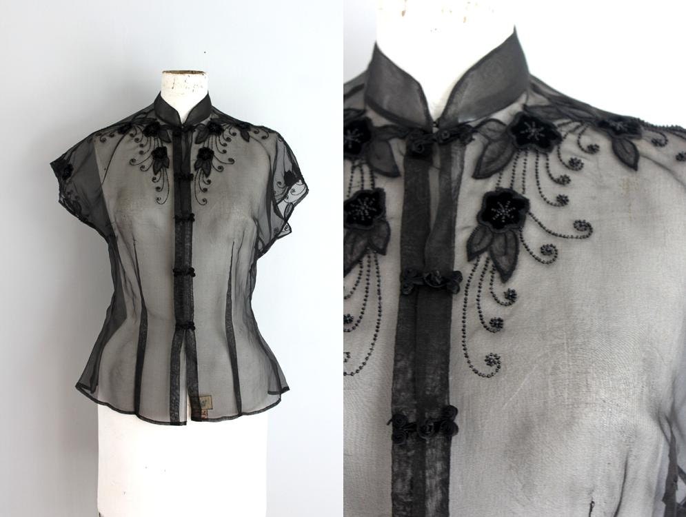 1940s 50s SILK sheer Japanese cherry blossom embroidered blouse -ML