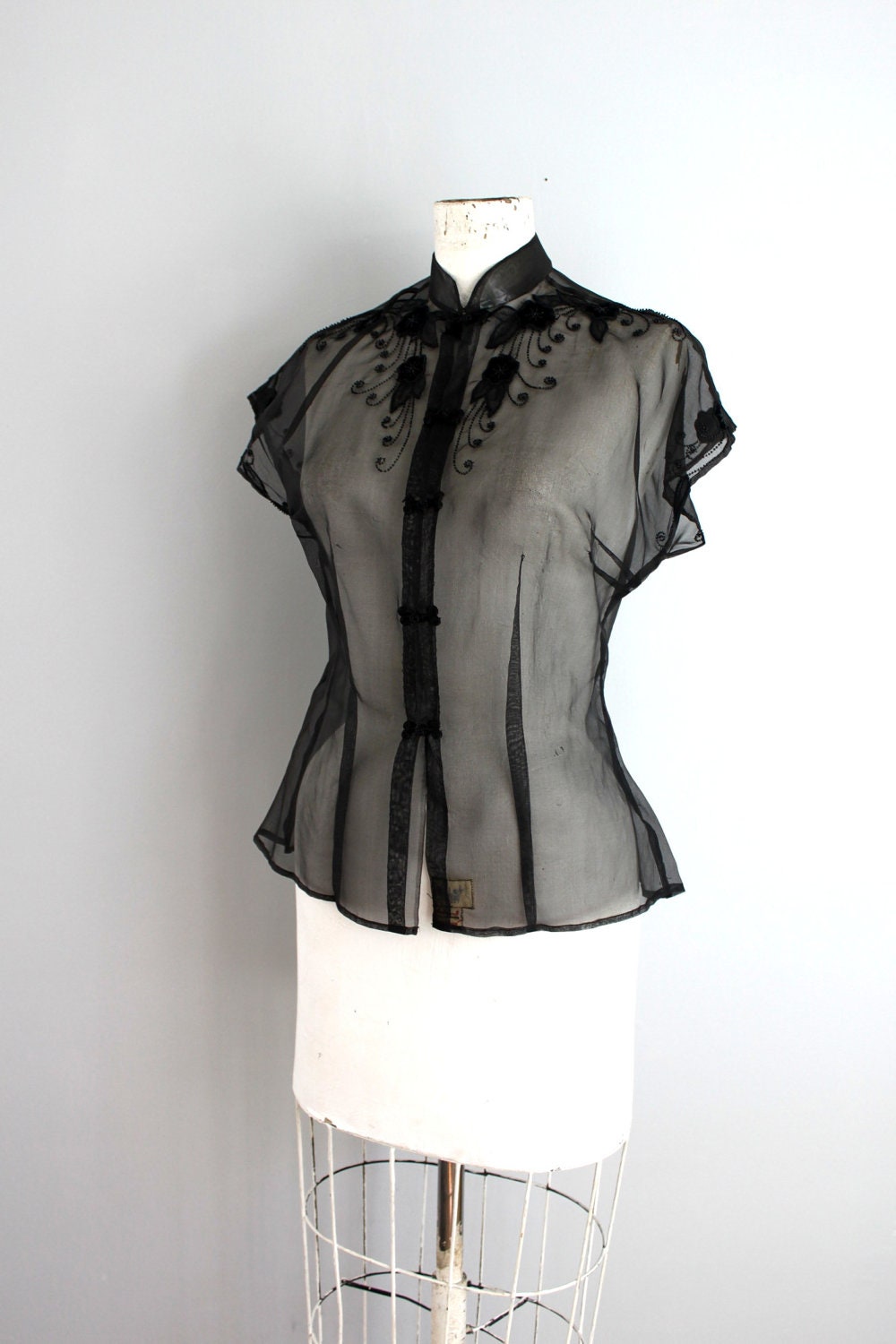 1940s 50s SILK sheer Japanese cherry blossom embroidered blouse -ML