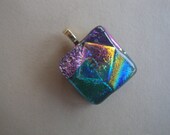 Edgy Dichroic Glass Pendant, Fused Glass Pendant, Dichroic Pendant, Necklace,  Fused Dichroic Glass Pendant,  Green Blue Pink