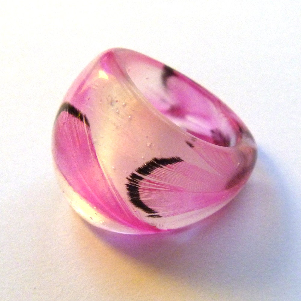 Pink Feather Resin Ring. Pink Pheasant Feather Resin Ring - noogalcreations