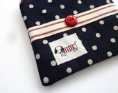 Zipped pouch in french navy and red with sausage dog motif