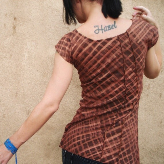 Her Tea Leaves - iheartfink Handmade Hand Printed Copper Plaid Womens TShirt Top