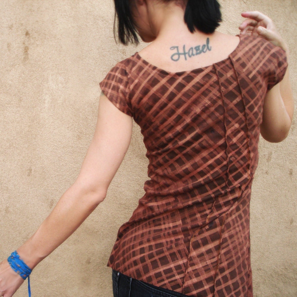 Her Tea Leaves - iheartfink Handmade Hand Printed Copper Plaid Womens TShirt Top