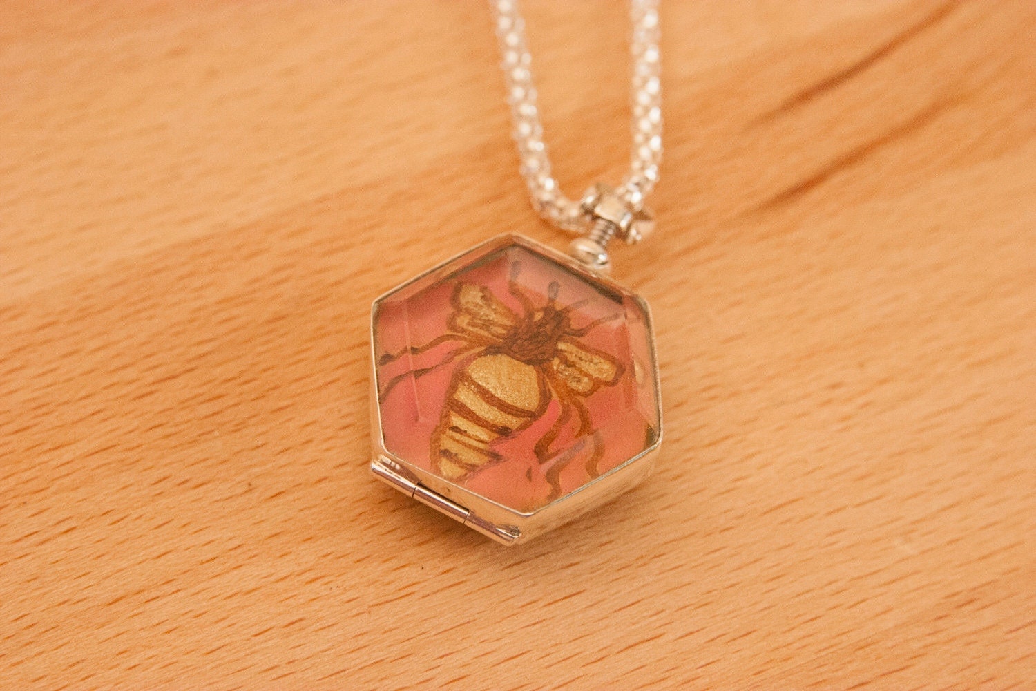 Hive Locket - Leather and Sterling Silver - Gold and Pink
