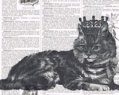 Cat,Tabby,Crown,Feline,Vintage Book Page Print, upcycled, gift, home decor, antique, french. Special, buy 3 get 1 FREE,fathers day.mom