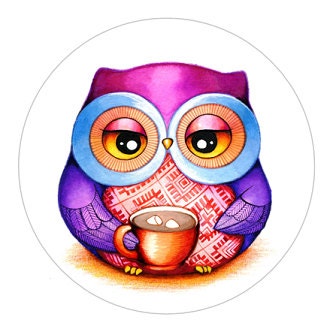 Owl Pocket Mirror - Cute Bird Theme Accessory - Colorful Owl with Cocoa and Marshmallows