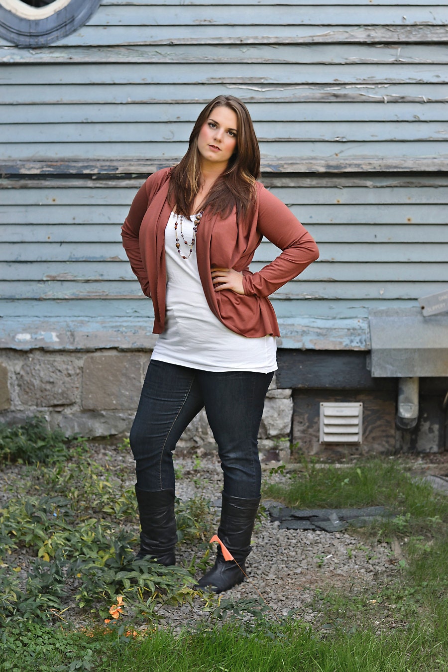 Plus size cardigan - wraparound sweater in rust jersey - fall fashion