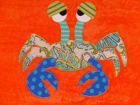 Personalized Large Orange Velour Beach Towel with Funny Crab