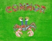 Personalized Large Lime Green Velour Beach Towel with Funny Crab