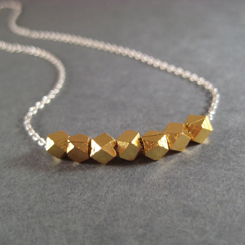 Gold Vermeil Necklace, Vermeil Nugget Necklace, Mixed Metal Jewelry, Faceted Nugget, Sterling Silver Chain