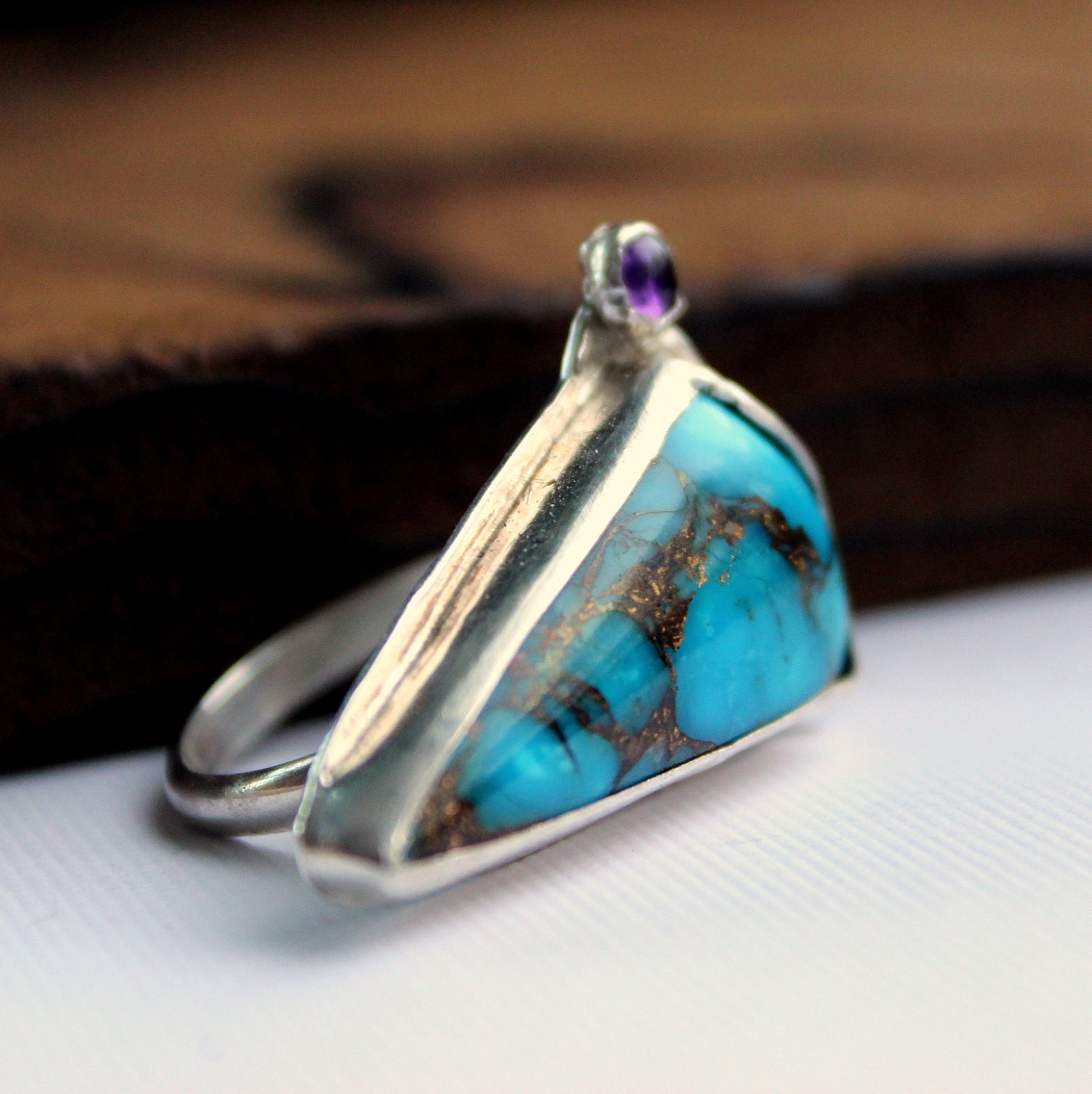 Genuine turquoise ring sterling silver purple amethyst gemstone metalwork ring size 7 Art jewelry