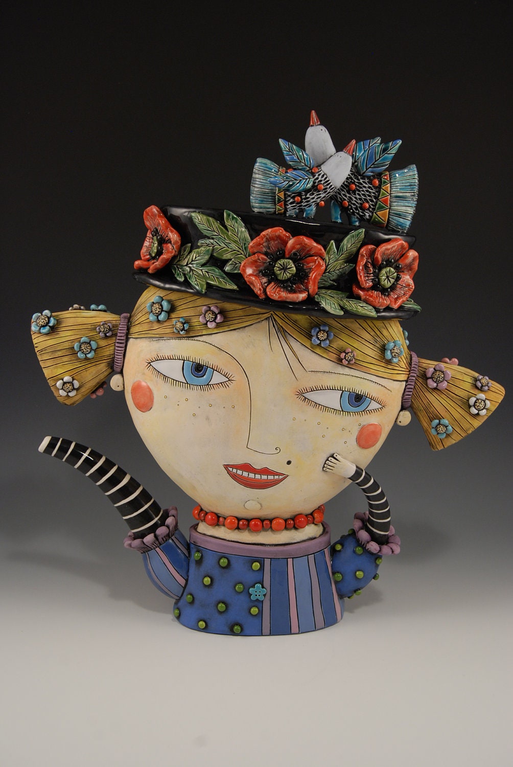 Made to Order (Girl Teapot with Poppy Flowers and Birds Hat)