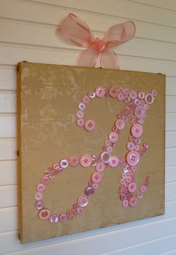 Personalized Baby Girl Vintage Style Nursery Button Letter Art on 12"x12" Canvas -- Pink Buttons on Gold Silk